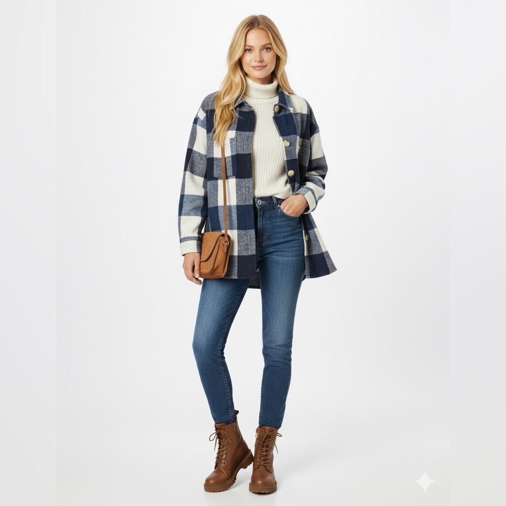 🆕 Pretty Garden | Blue & White Button Down Buffalo Plaid Flannel Shacket Jacket